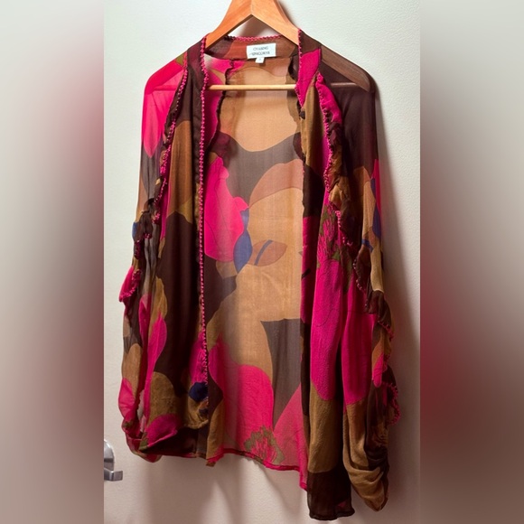 Chasing Unicorns Silk Chiffon Vibrant Pink and Brown Ruffle Blouse Size Medium - Picture 12 of 13